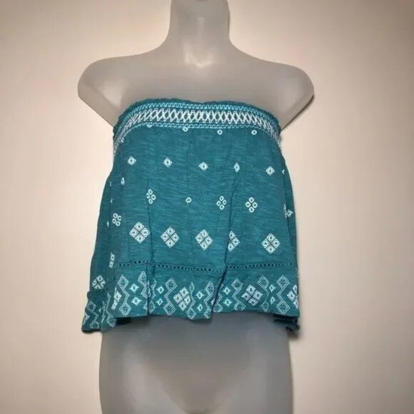 CAPE JUBY BY AEROPOSTALE STRAPLESS TEAL/WHITE EMBROIDERED BOHO TOP XS-EUC - Picture 3 of 9
